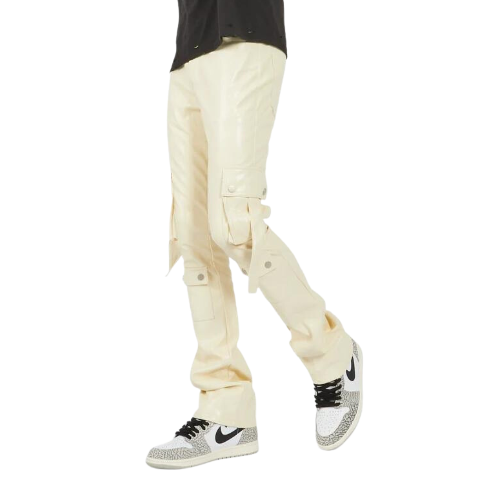 CREAM LEATHER CARGO STACKED JEANS