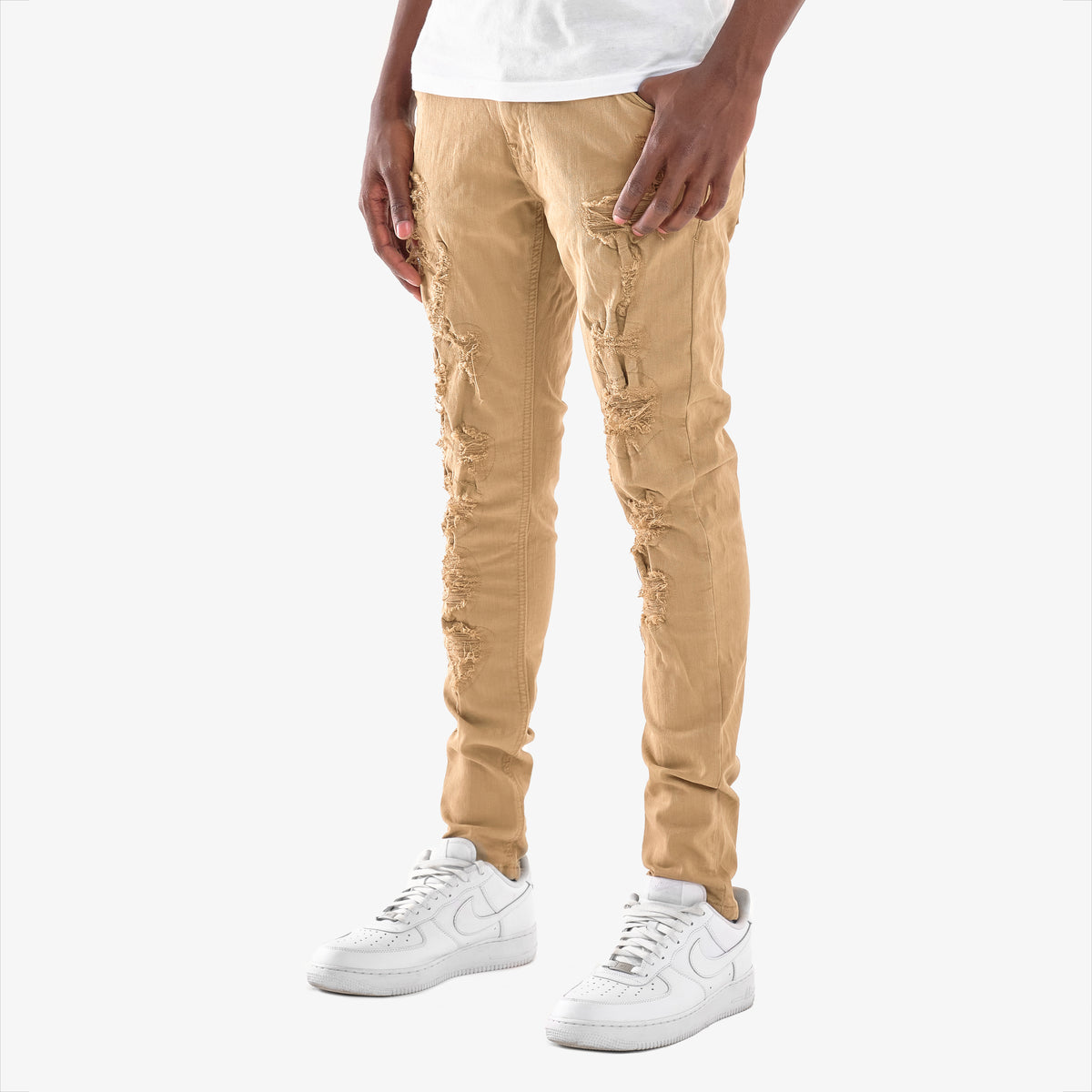 KHAKI PANTS WITH RIPS & PERMANENT WRINKLES