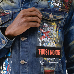 KHAKI TINT DENIM JACKET W/ PLAID & MESH PATCHES