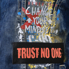 KHAKI TINT DENIM JACKET W/ PLAID & MESH PATCHES