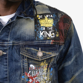 KHAKI TINT DENIM JACKET W/ PLAID & MESH PATCHES
