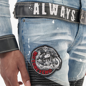 LIGHT BLUE JEANS W/ LEATHER & PATCHES