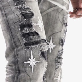 BLACK SAND WASHED JEANS W/ STAR EMBROIDERY