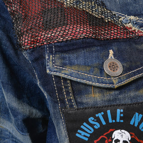 KHAKI TINT DENIM JACKET W/ PLAID & MESH PATCHES