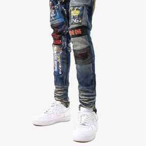 KHAKI TINT JEANS W/ PLAID PATCH & MESH DETAIL