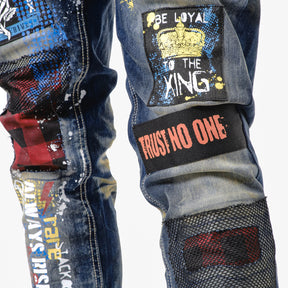 KHAKI TINT JEANS W/ PLAID PATCH & MESH DETAIL
