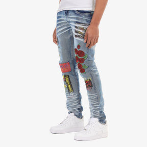 LIGHT SAND BLUE JEANS W/ PRINT & ROSE EMBROIDERY
