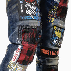 KHAKI TINT JEANS W/ PLAID PATCH & MESH DETAIL