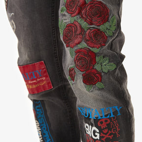 BLACK JEANS W/ PRINT & ROSE EMBROIDERY