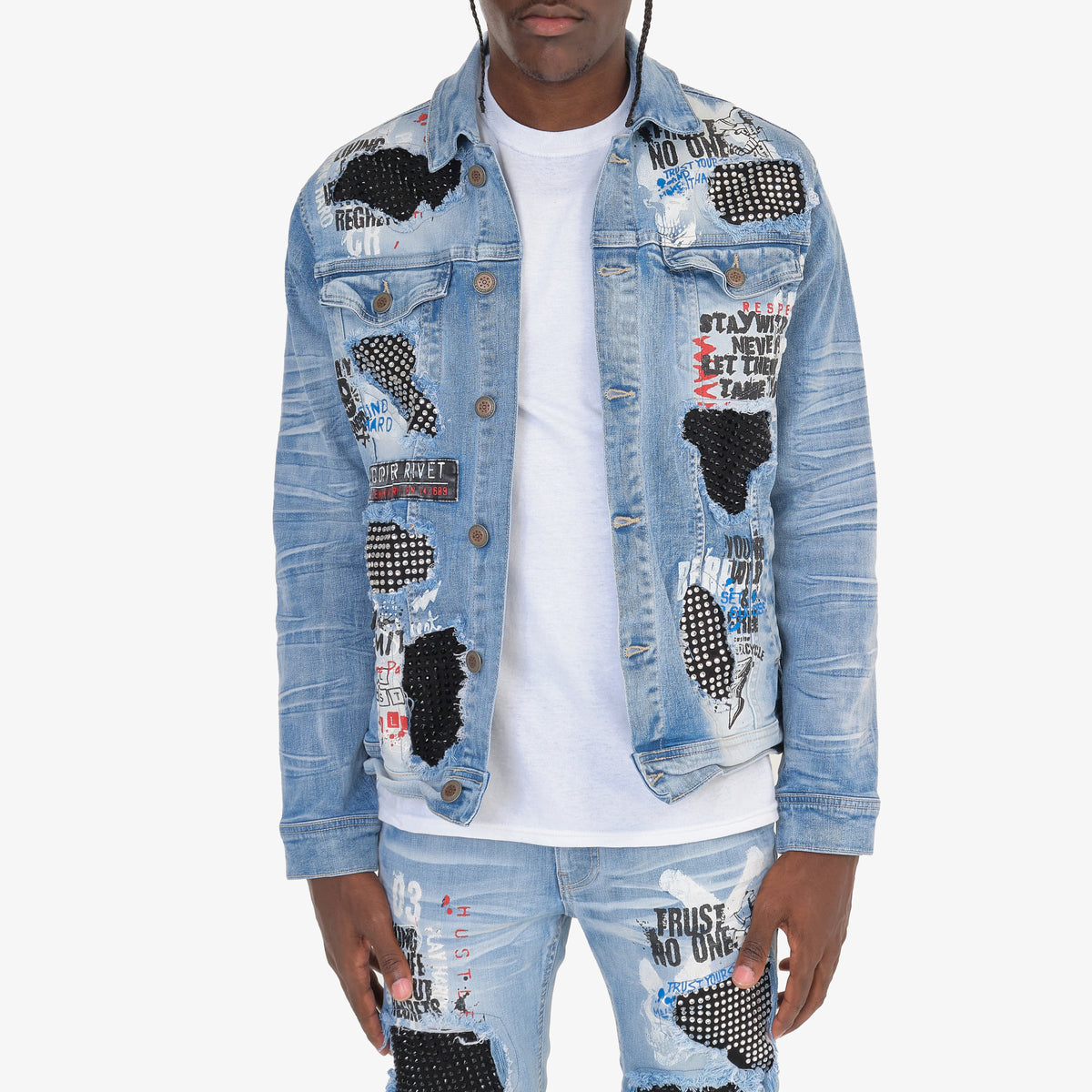 LIGHT BLUE JACKET W/ RHINESTONES & PRINT
