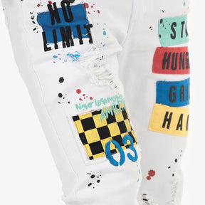 WHITE PANTS W/ COLOR PATCHES & EMBROIDERY