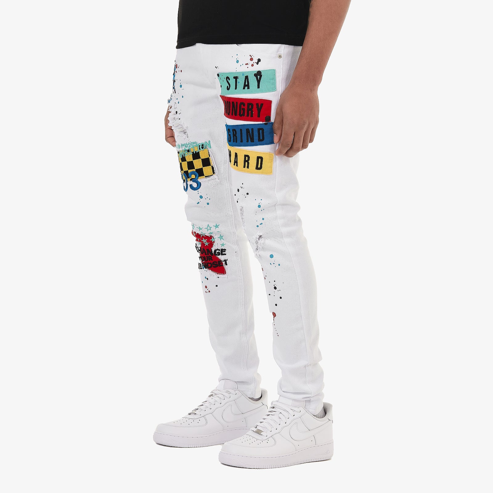 WHITE PANTS W/ COLOR PATCHES & EMBROIDERY