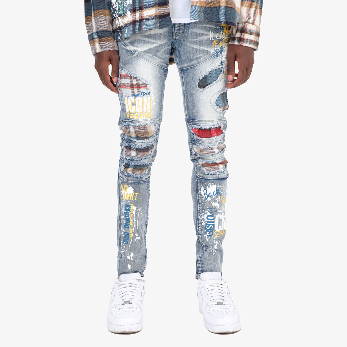 LIGHT SAND BLUE JEANS W/ PLAID RIP & REPAIR