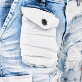 LIGHT SAND BLUE DENIM SHORT W/ WHITE CARGOS