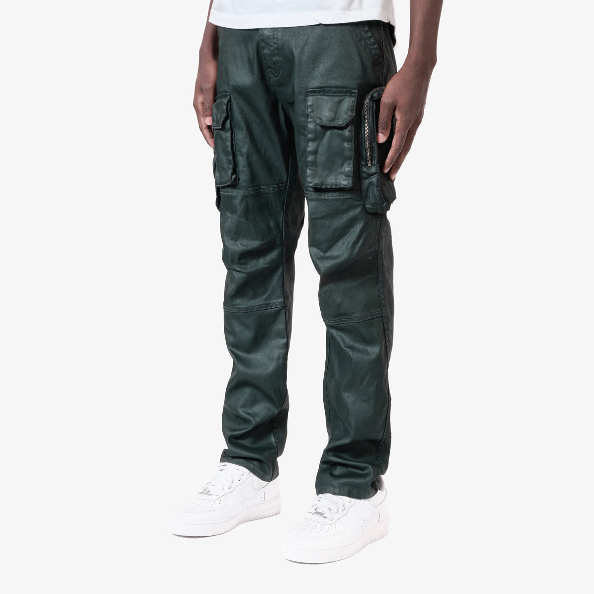 OLIVE UTILITY CARGO WAX COATED JEANS