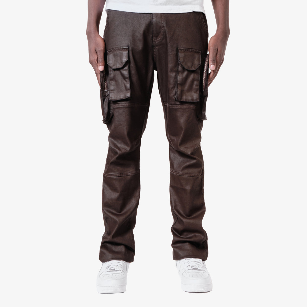 BROWN UTILITY CARGO WAX COATED JEANS
