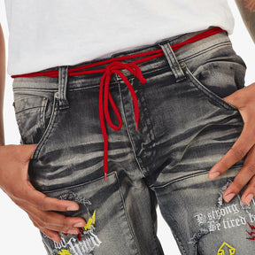 BLACK SAND DENIM SHORT W/ EMBROIDERY