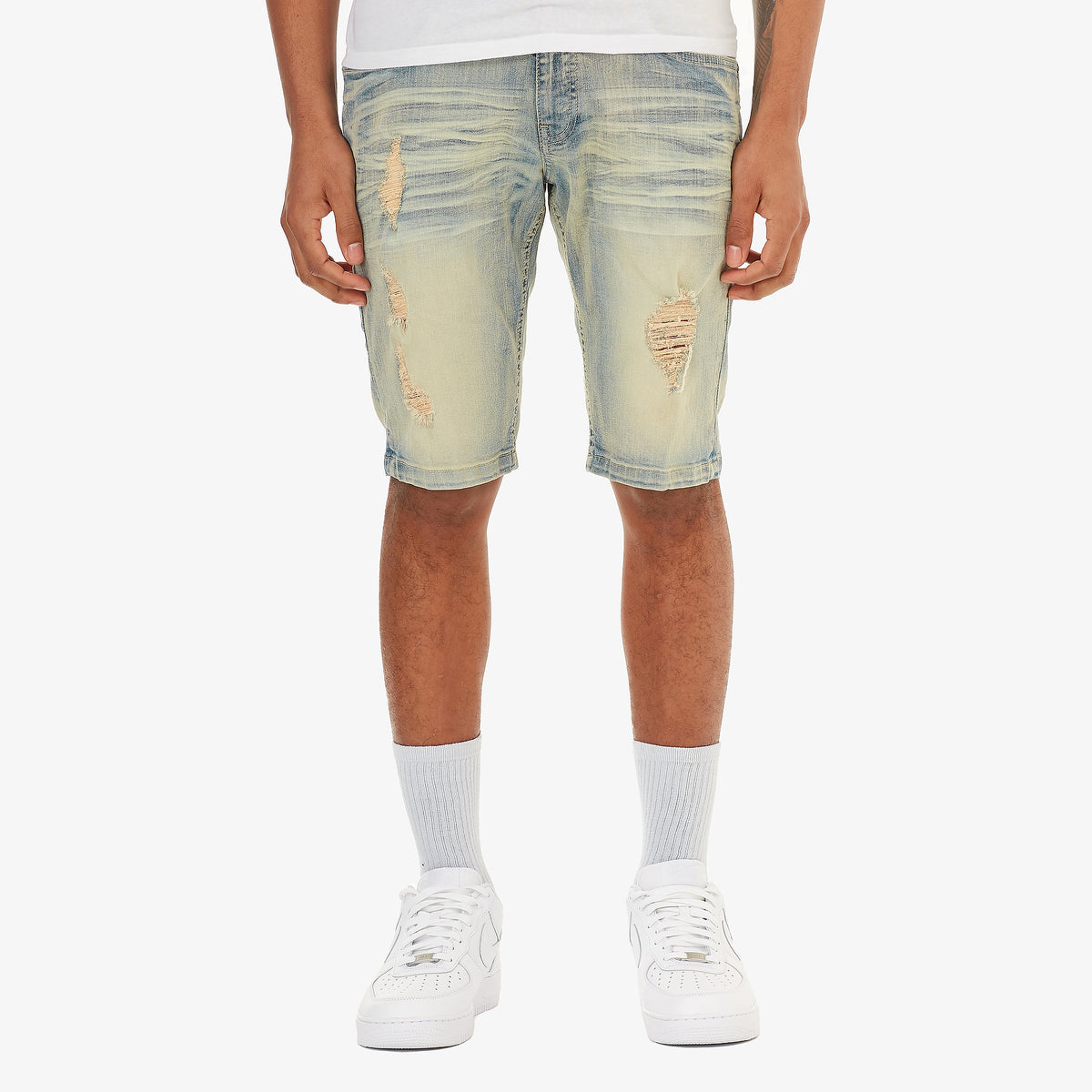 KHAKI TINT WASHED DENIM SHORTS