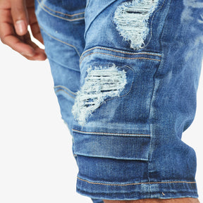 DARK SAND BLUE MOTO DENIM SHORTS