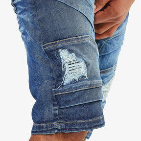 DARK SAND BLUE MOTO DENIM SHORTS