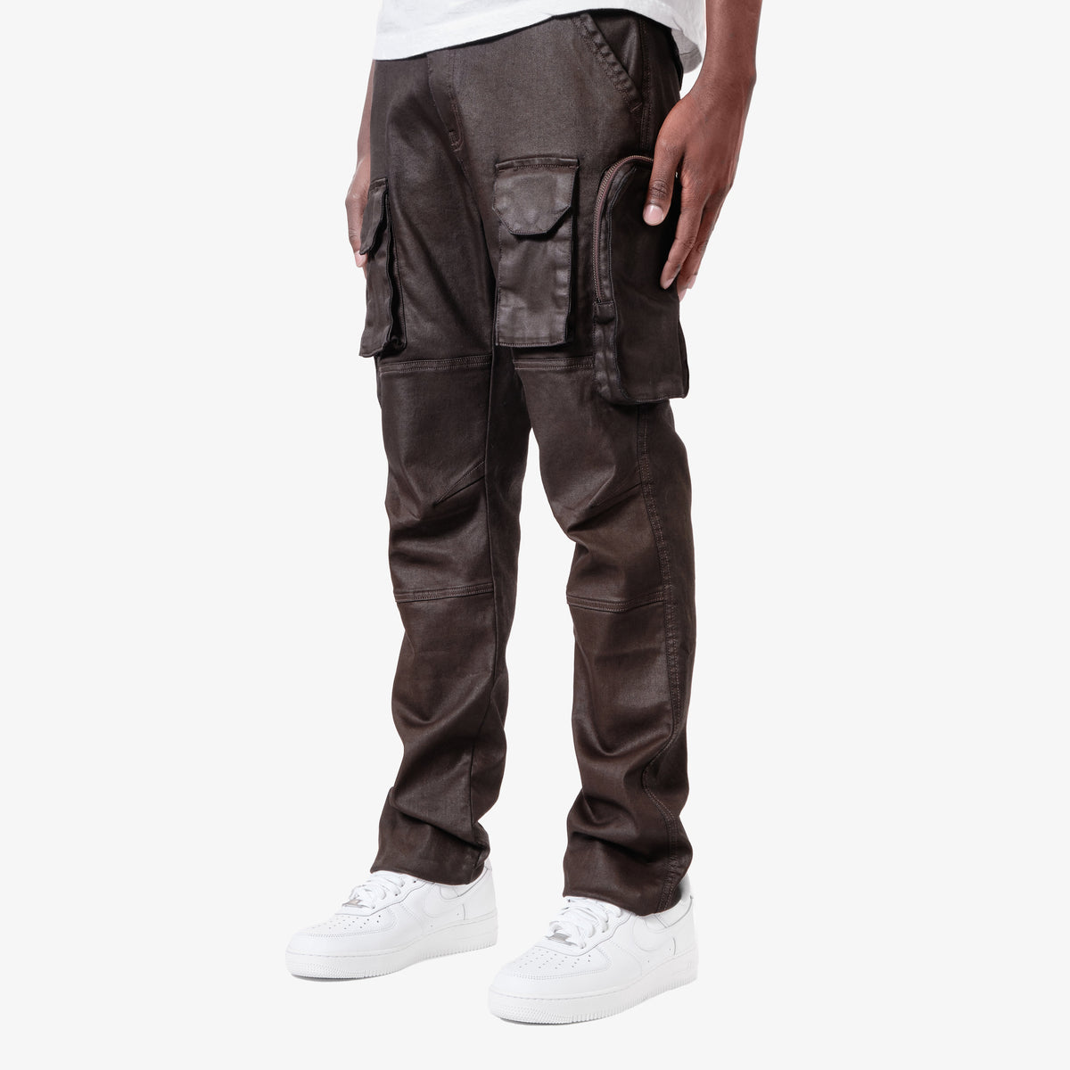 BROWN UTILITY CARGO WAX COATED JEANS