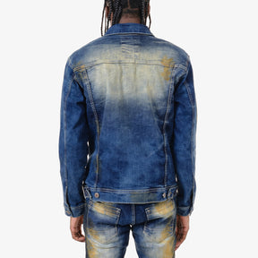KHAKI TINT DENIM JACKET W/ PLAID & MESH PATCHES