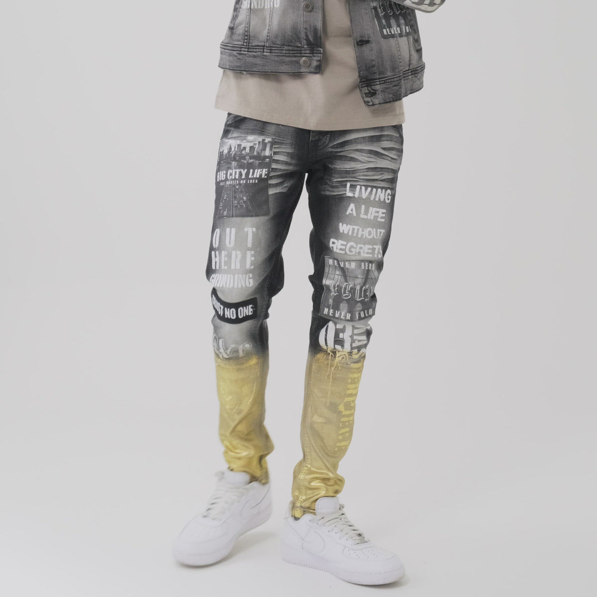 BLACK JEANS W/ GOLD FOIL & PRINTS