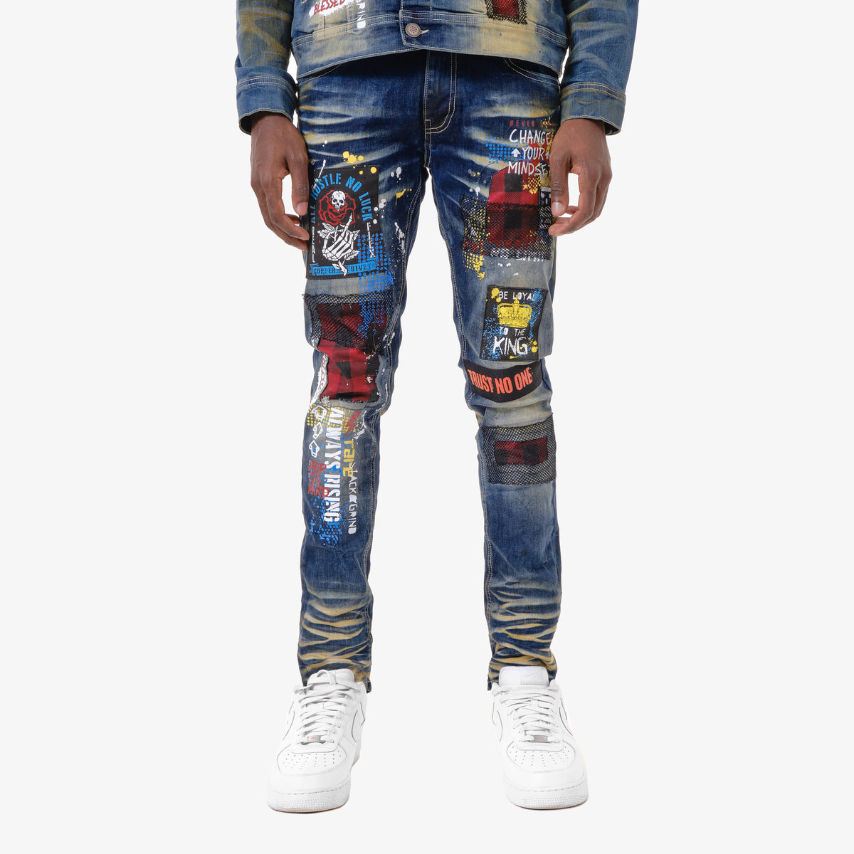 KHAKI TINT JEANS W/ PLAID PATCH & MESH DETAIL