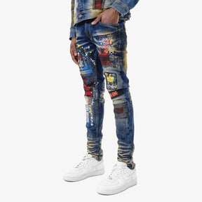 KHAKI TINT JEANS W/ PLAID PATCH & MESH DETAIL