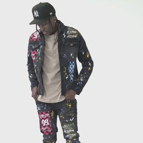 BLACK DENIM JACKET W/ CHECKER RIP & REPAIR