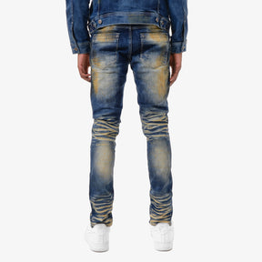KHAKI TINT JEANS W/ PLAID PATCH & MESH DETAIL