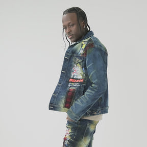 KHAKI TINT DENIM JACKET W/ PLAID & MESH PATCHES