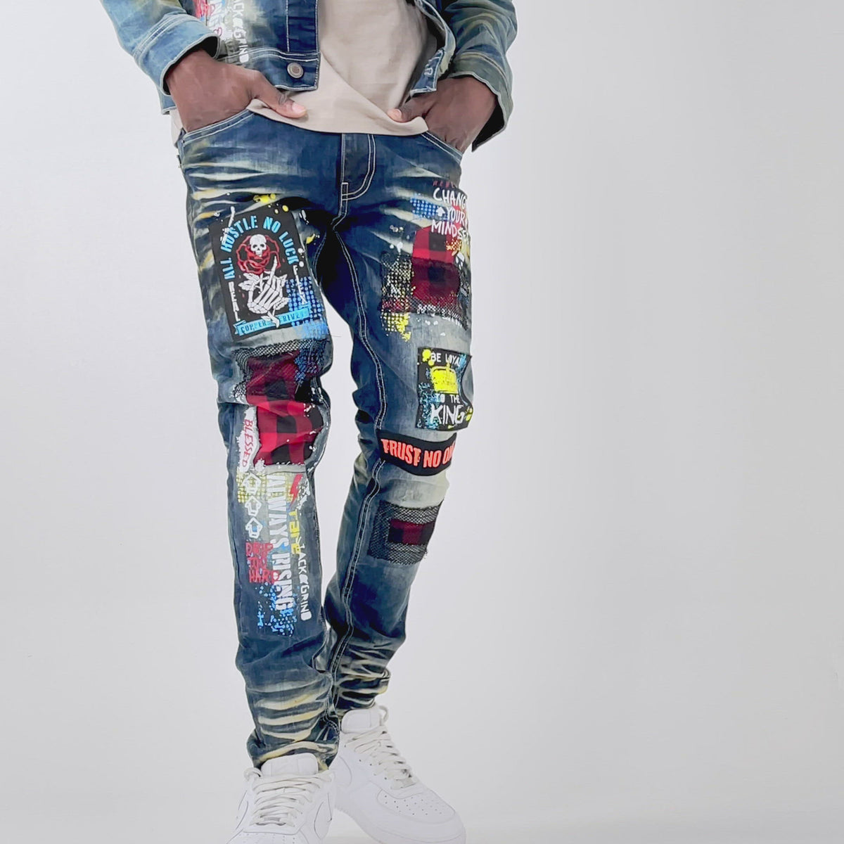 KHAKI TINT JEANS W/ PLAID PATCH & MESH DETAIL