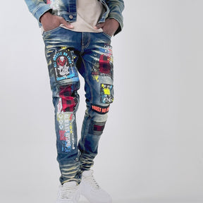 KHAKI TINT JEANS W/ PLAID PATCH & MESH DETAIL