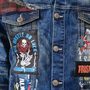 KHAKI TINT DENIM JACKET W/ PLAID & MESH PATCHES