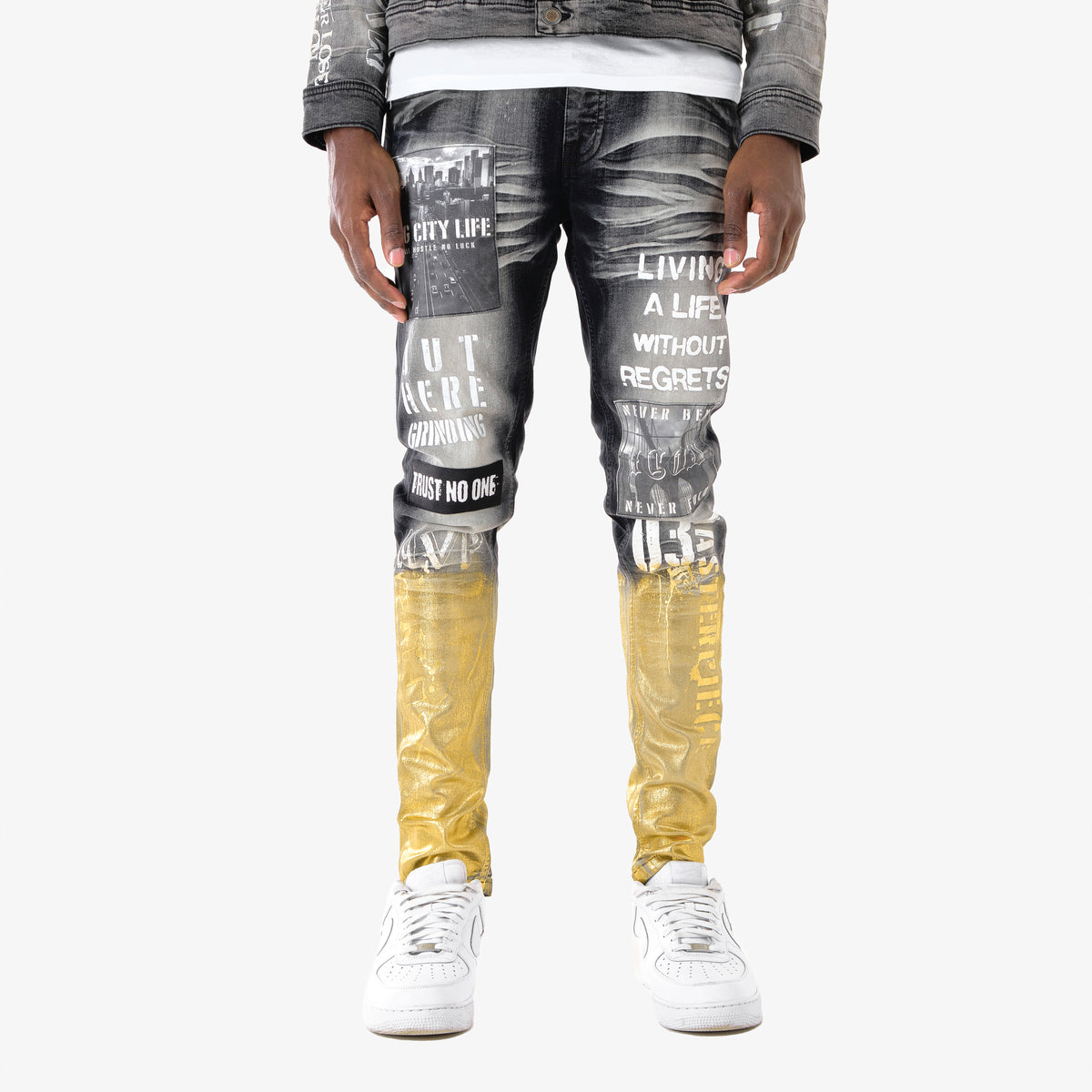BLACK JEANS W/ GOLD FOIL & PRINTS