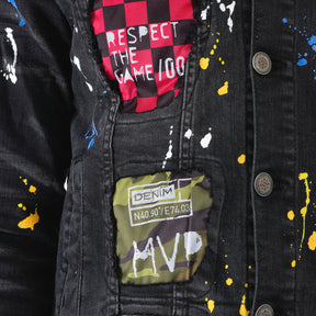 BLACK DENIM JACKET W/ CHECKER RIP & REPAIR