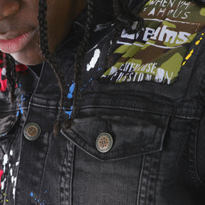 BLACK DENIM JACKET W/ CHECKER RIP & REPAIR