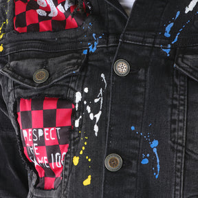 BLACK DENIM JACKET W/ CHECKER RIP & REPAIR