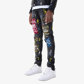 BLACK JEANS W/ CHECKERED & CAMO RIP & REPAIR