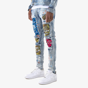 LIGHT SAND BLUE JEANS W/ CHECKERED & CAMO RIP & REPAIR
