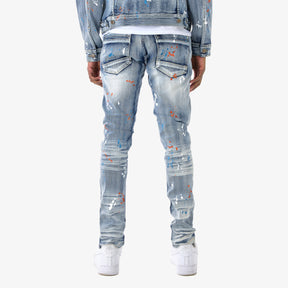 LIGHT SAND BLUE JEANS W/ CHECKERED & CAMO RIP & REPAIR
