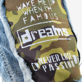 LIGHT SAND BLUE JEANS W/ CHECKERED & CAMO RIP & REPAIR