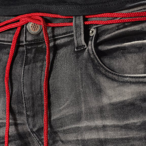 BLACK WASHED JEANS W/ COLOR EMBROIDERY & WAIST STRING - Copper Rivet