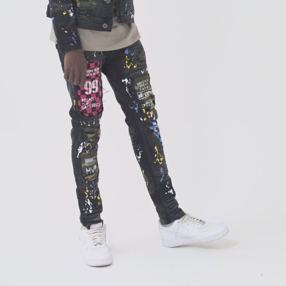 BLACK JEANS W/ CHECKERED & CAMO RIP & REPAIR
