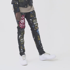 BLACK JEANS W/ CHECKERED & CAMO RIP & REPAIR