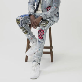 LIGHT SAND BLUE JEANS W/ CHECKERED & CAMO RIP & REPAIR